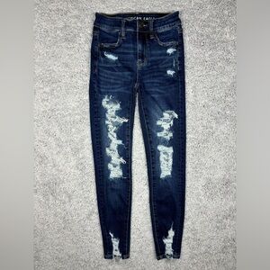 American Eagle Jeans Womens 000 Short Hi Rise Jegging Dark Distressed Thrashed